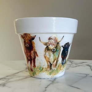 Highland cow planter, Highland cows, Cow decor, Farmhouse decor, Indoor planters, Cow gifts, Ranch decor, Animal plant pots, Decoupage pots
