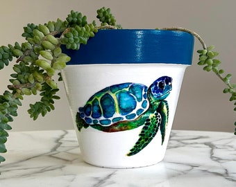 Sea turtle clay pot-6", Terracotta pot, Sea turtles, Sea turtle gifts, Decoupage pot, Indoor planters, Ocean gifts, Beach gifts, Beach house