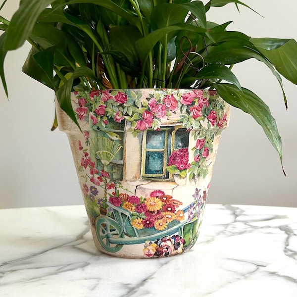 Decoupage Blumentopf: Toskanisches Dorf Motiv, Italien, Geschenke, Blumentöpfe