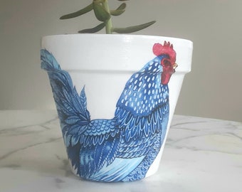 Blue Rooster Decoupage Clay Pot,  Farmhouse Indoor Planter, Rooster planters, Farm gifts