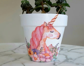 Decoupage Unicorn Planter, 6 inch Clay Pot, Nursery Decor