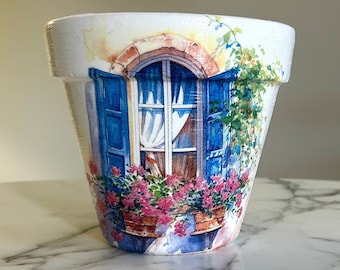Maceta decorada con decoupage: escena de ventana toscana, maceta de interior, jardineras