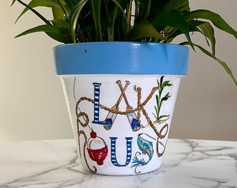 Lakehouse Decor Planter: Decoupage Clay Pot, Boating Gifts (6-inch)