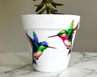 Decoupage Hummingbird Planter:  Bird Flower Pot, Indoor planter