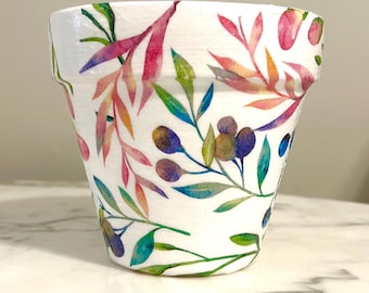 Decoupage Flower Pot: 6" Floral Clay Planter, Nature Decor