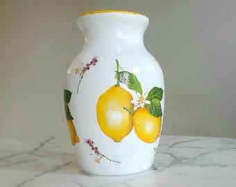 Lemon vase, Flower vase, Glass vase, Lemon decor, Lemons, Lemon gift, Vases, Decoupage vase