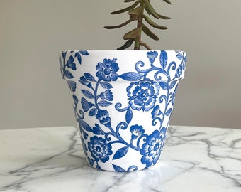 Blue and white planter, Floral plant pot, Decoupage pots, Blue and white decor, 6 inch planters, New home gifts, Flowerpots, Indoor planter