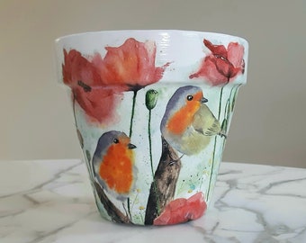 Bluebird flowerpot-6-inch, Poppy flowerpot, Bluebirds, Bird gift, Spring planters, Indoor planters, Gifts for her, New home gift, Decoupage