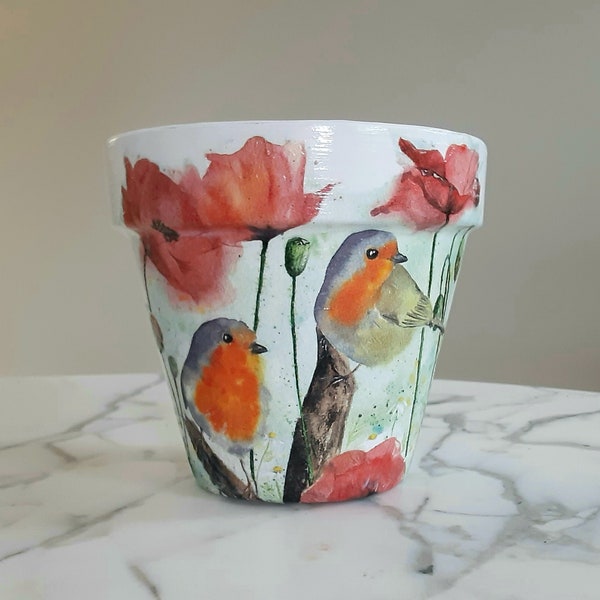 Bluebird flowerpot-6-inch, Poppy flowerpot, Bluebirds, Bird gift, Spring planters, Indoor planters, Gifts for her, New home gift, Decoupage