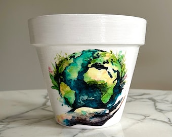 Earth Day Clay Planter:  Globe Design (5.5-Inch), World gifts