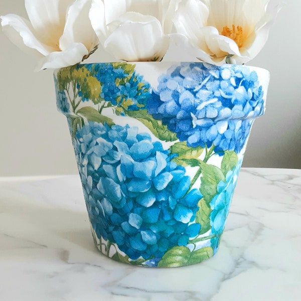 Hydrangea clay pot-6-inch, Clay pot, Hydrangea planter, Decoupage pot, Spring planter, Plant pots, Hydrangeas, Hydrangea gift