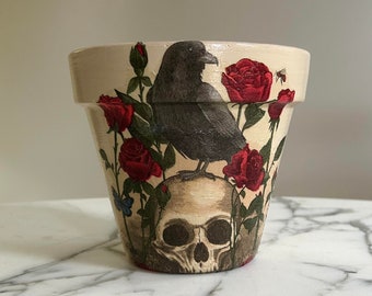 Crow flowerpots, Fall decor, Halloween gift, Skull plant pot, Skull art, Decoupage pot, Scary plant pot, Indoor planter, Roses planters