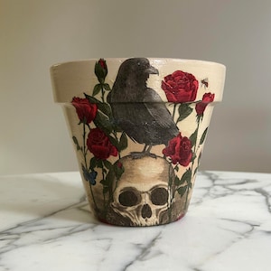 Crow flowerpots, Fall decor, Halloween gift, Skull plant pot, Skull art, Decoupage pot, Scary plant pot, Indoor planter, Roses planter