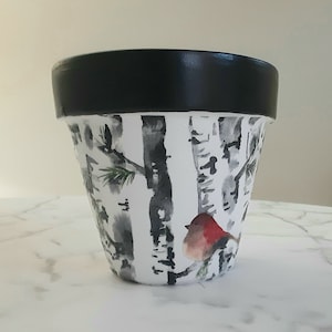 Birch tree planter, Bird plant pots, Terracotta pot, Decoupage pot, Bird planters, Birchwood decor, Rustic decor, Rustic planters, Winter