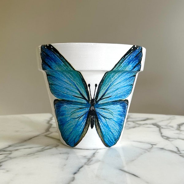 Butterfly planter, Blue monarch flowerpot, Butterfly gifts, Indoor plant pots, Nature gifts, Decoupage pots, Butterfly art, Large planters