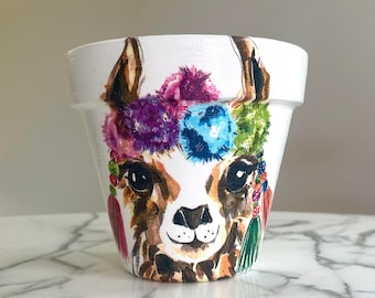 Maceta de llama con decoupage: maceta de arcilla para interior, regalos de llama