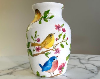 Vogelvaas, glazen vaas, vazen voor bloemen, decoratieve vaas, helder interieur, geschenken voor vogelliefhebbers, geschenken voor moeder, nieuwe huisgeschenken, decoupage