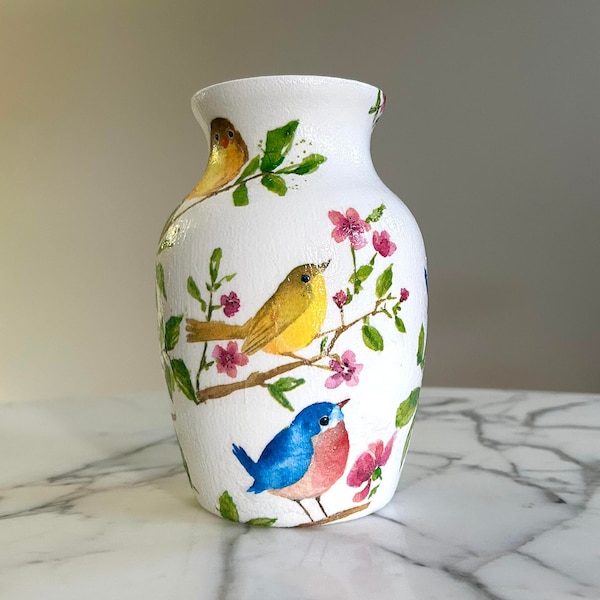 Bird vase, Glass vase, Vases for flowers, Decorative vase, Bright home decor, Bird lover gifts, Gifts for mom, New home gifts, Decoupage