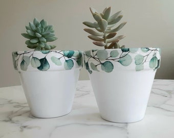 Set of 2-Eucalyptus planters-4.5 inch, Eucalyptus decor, Eucalyptus, Clay pot, Indoor planter, Terracotta pot, Succulent pot, Decoupage pot