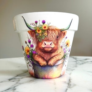 Highland cow planter, Highland cows, Cow decor, Farmhouse decor, Indoor planters, Cow gifts, Ranch decor, Animal plant pot, Decoupage pot