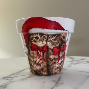 Christmas planter, Santa decor, Kitten flowerpot, Christmas centerpiece, Christmas hostess gift, Santa flowerpot, Decoupage, Kittens