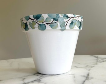 Eucalyptus Decoupage Clay Pot - 6",  Boho Planter, Indoor plant pots