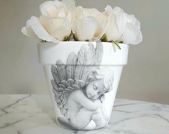 Angel clay pot-6 inch, Angel gift, Angels, Clay pot, Indoor planter, Decoupage pot, Angel decor, Terracotta pot, In memory of, Remembrance