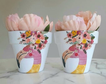 Set of 2-Flamingo floral clay pots-4.5 inch, Flamingo flower pots, Flamingo gifts, Clay planters, Clay pots, Terracotta pots, Decoupage pot