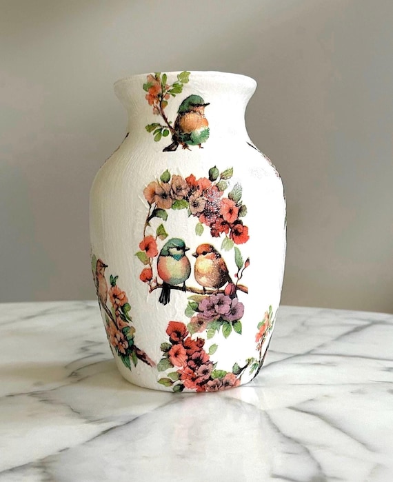 デコパージュの鳥の花瓶：手描きの花のガラスの花瓶 - Etsy 日本