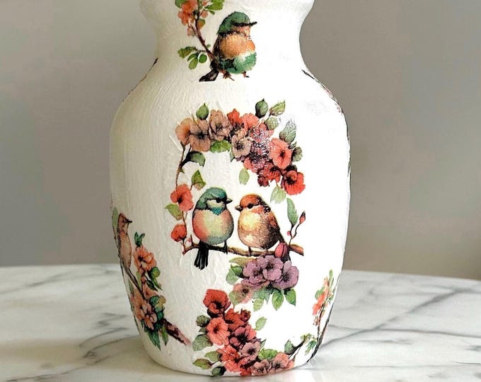 Decoupage Bird Vase: Hand-Painted Floral Glass Vase