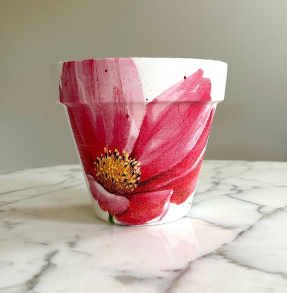 Decoupage Blumen Tontopf, rosa Blumentopf, 15,5 cm