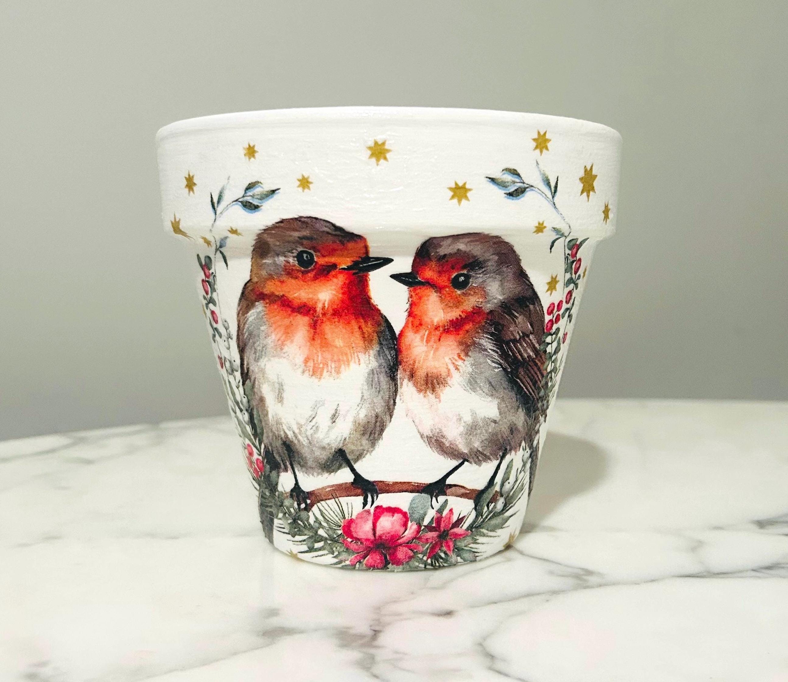 Robin Decoupaged Robin Decoupage Clay Pot: Bird Lover Gift, Christmas Planters - Etsy