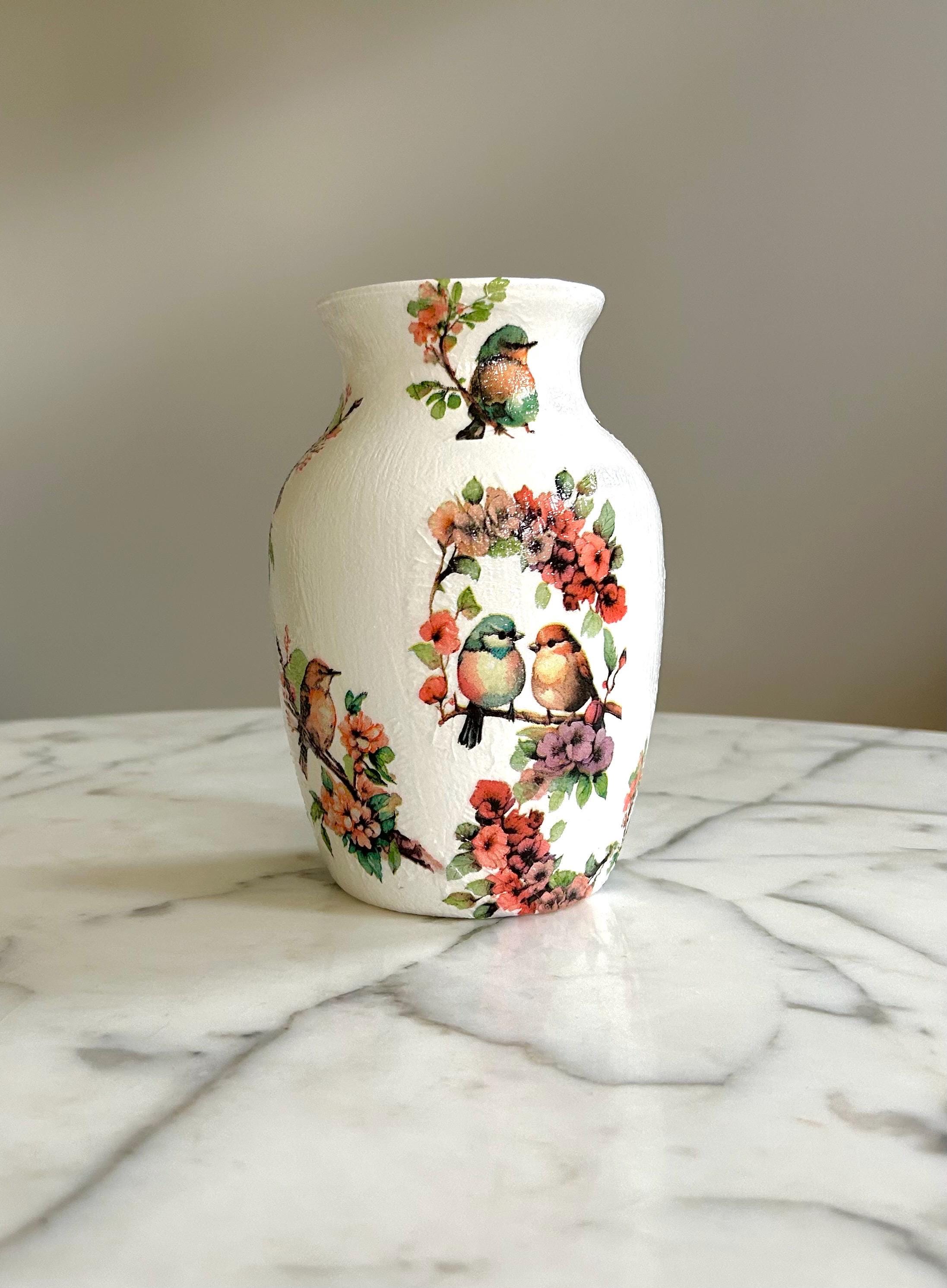 赤色 花瓶 鳥と花のデザイン デコパージュの鳥の花瓶：手描きの花のガラスの花瓶 - Etsy 日本