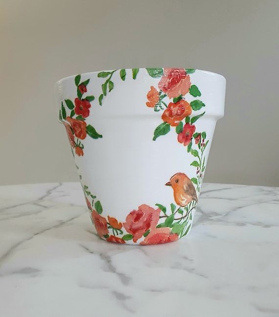 Vogel & Blumen Decoupage Tontopf - 15 cm Terrakotta Pflanzgefäß