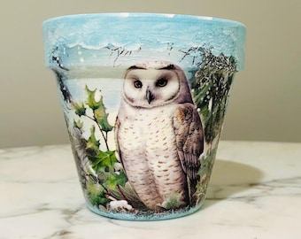 Decoupage Owl Clay Pot: Indoor Planter, Owl flowerpots