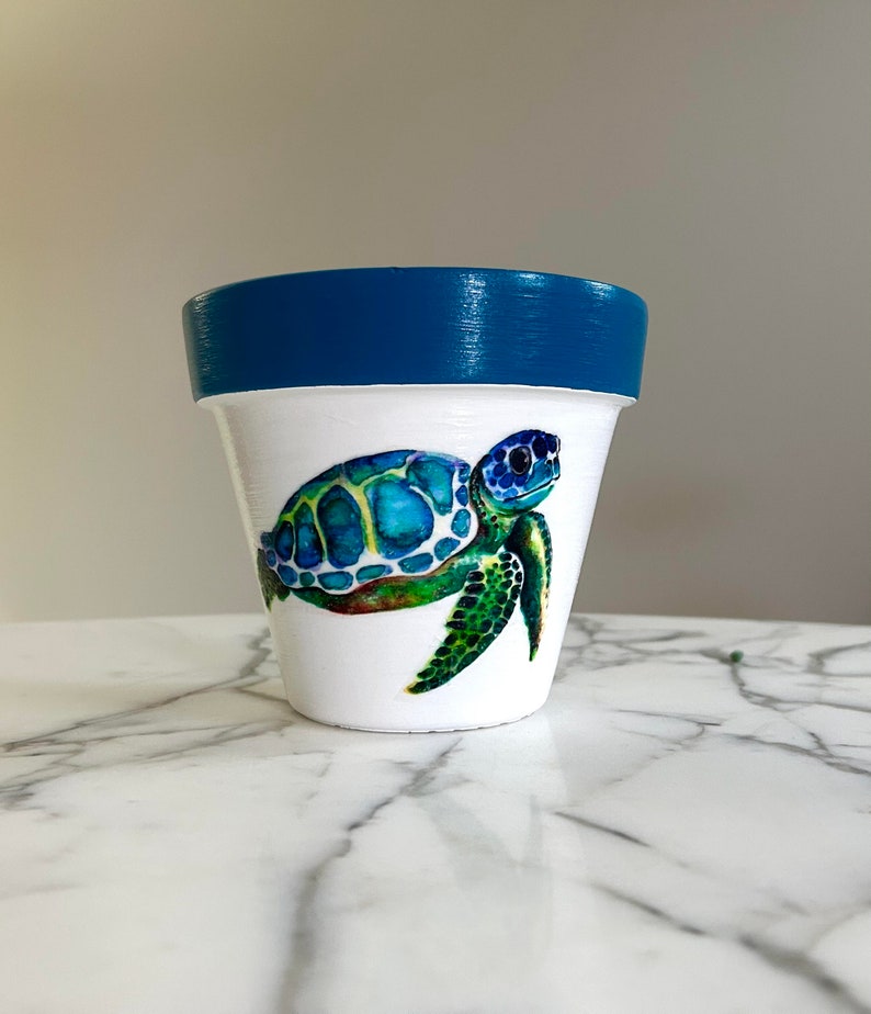 Sea turtle clay pot-6, Terracotta pot, Sea turtles, Sea turtle gifts, Decoupage pot, Indoor planters, Ocean gifts, Beach gifts, Beach house image 2