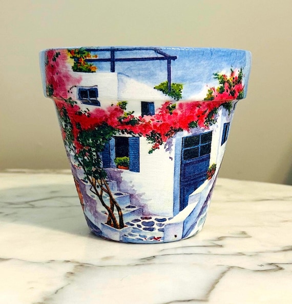 Greek Scene Decoupage Flower Pot: Tuscan Style Clay Planter, Flowerpots, Indoor planters, Pots