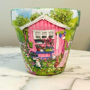 Decoupage-blomkruka: 15 cm trädgårdsskjulsdesign, krukor för inomhusväxter