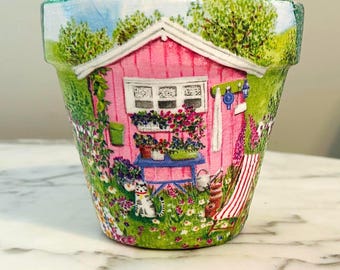 Decoupage-blomkruka: 15 cm trädgårdsskjulsdesign, krukor för inomhusväxter