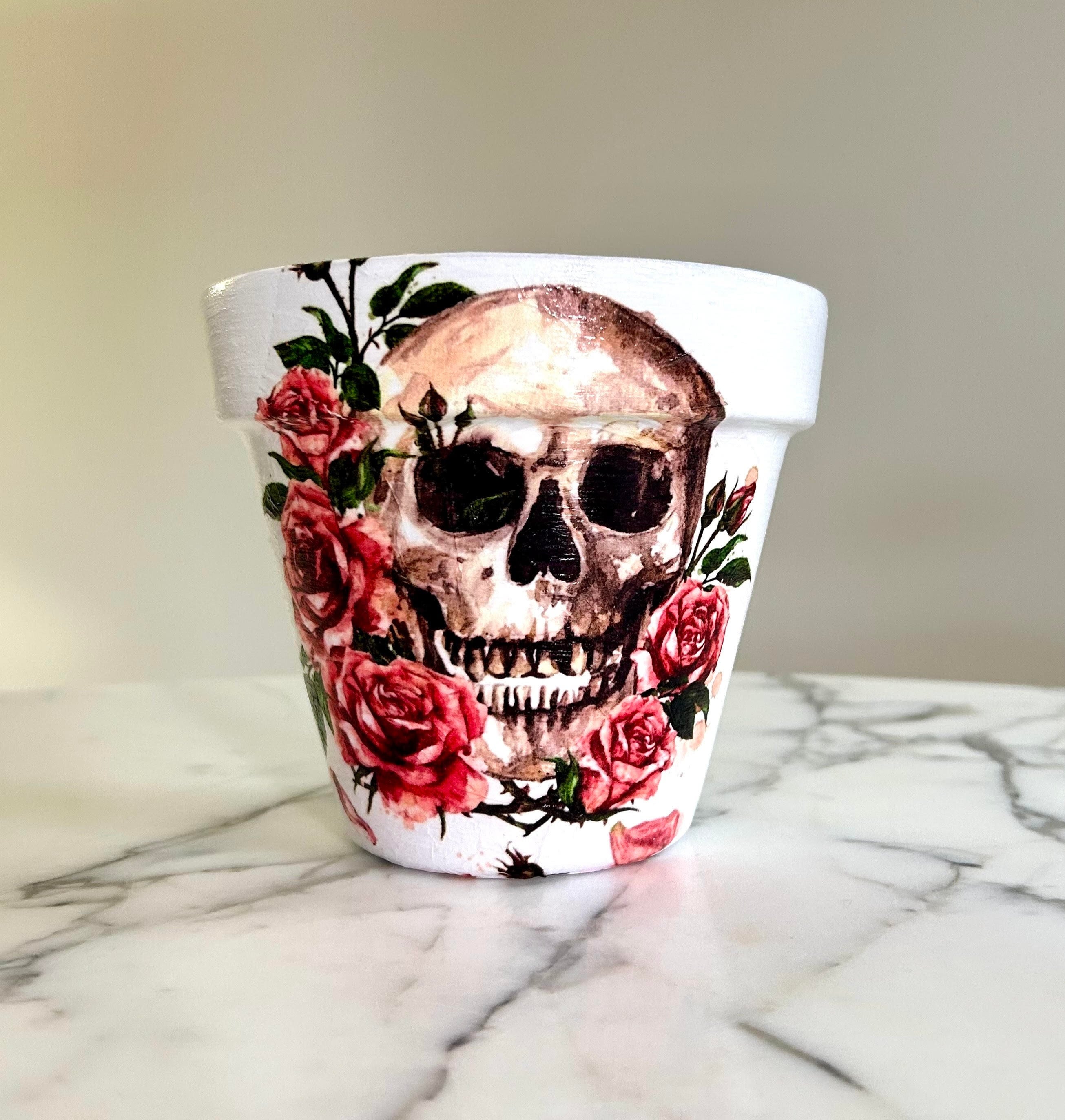 Skull planter-6", Skull and roses flowerpot, Decoupage pot, Skull plant pots, Clay pots, Indoor planters, Rose decor, New home gift
