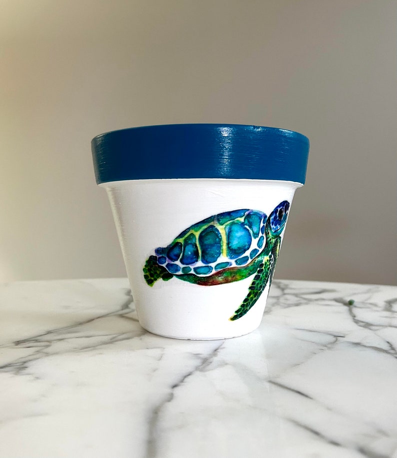 Sea turtle clay pot-6, Terracotta pot, Sea turtles, Sea turtle gifts, Decoupage pot, Indoor planters, Ocean gifts, Beach gifts, Beach house image 3