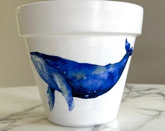 Whale Decoupage Clay Pot - 6 inch, Beach Decor