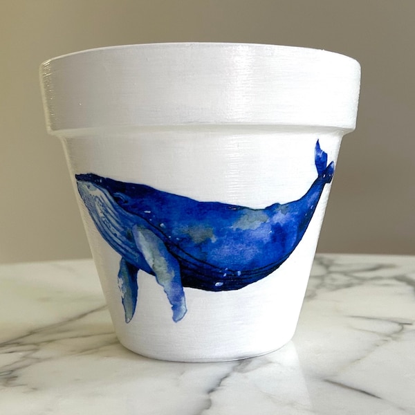 Whale Decoupage Clay Pot - 6 inch, Beach Decor