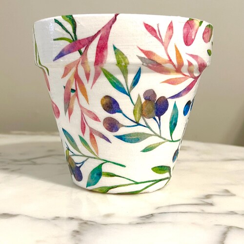 Decoupage Flower Pot: 6" Floral Clay Planter, Nature Decor