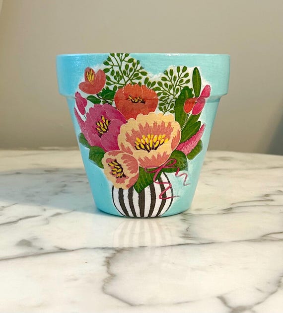 Decoupage Blumentopf Übertopf aus Ton: Petrol Terracotta Übertopf für Drinnen