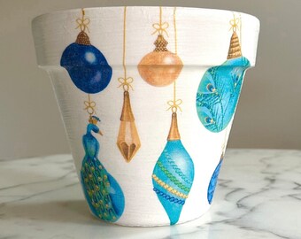 Peacock Christmas Planter: Clay Pot, Holiday Decor, Peacock gifts