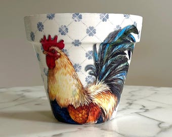 Decoupage Rooster Clay Pot - Farmhouse Decor Planter (6-Inch)
