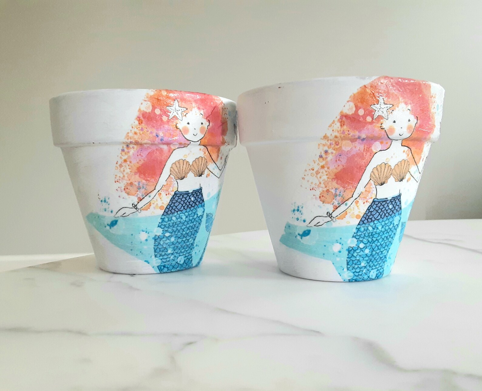 Set of 2mermaid Decoupaged Clay Pots4.5 Inch Clay Pot Clay Etsy