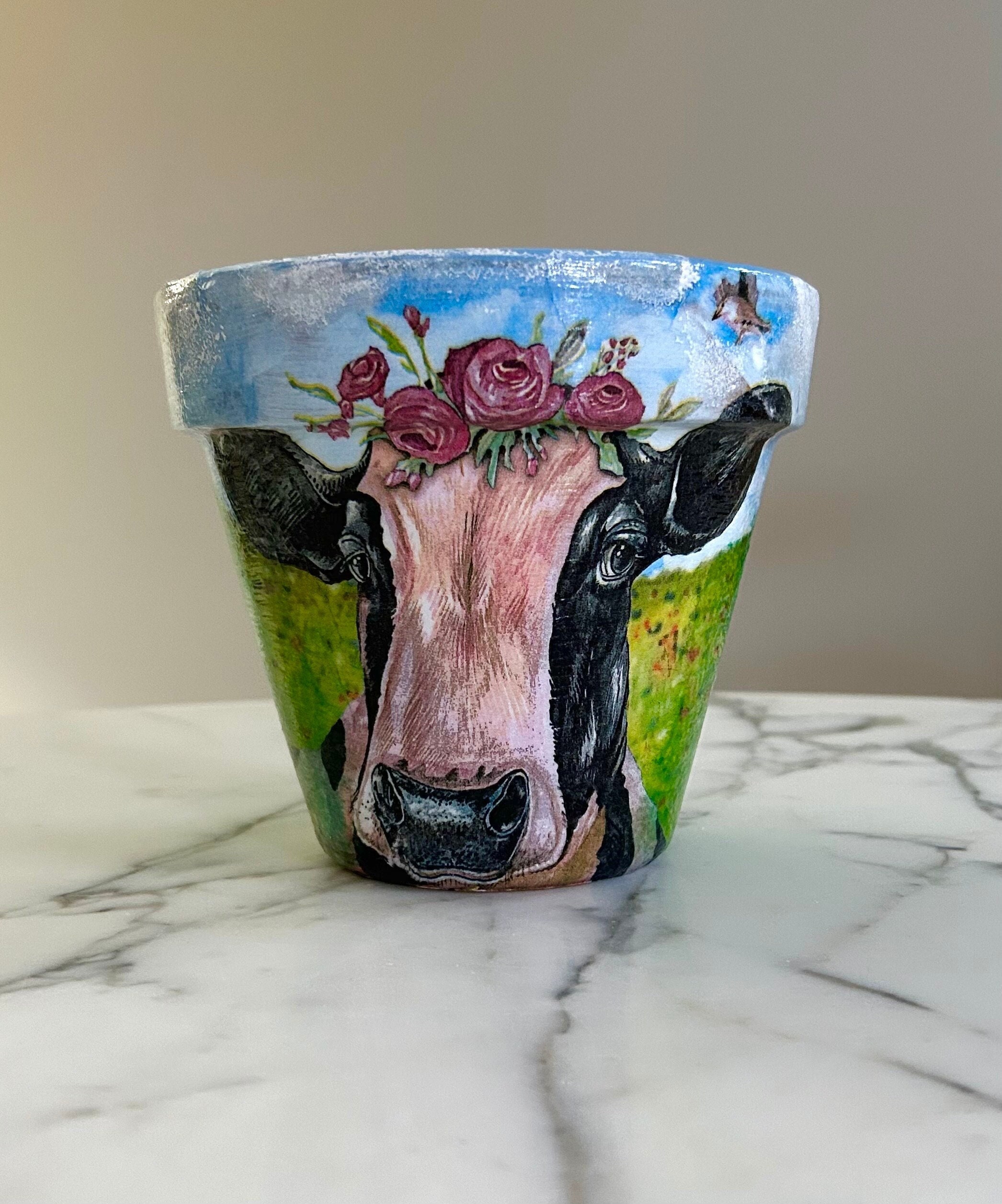 Koekenpot-6 inch, koedecor, dagboekkoeien, bloempot, koecadeaus, boerderijdecor, boerderijdieren, koeien, knippatronen, terracotta