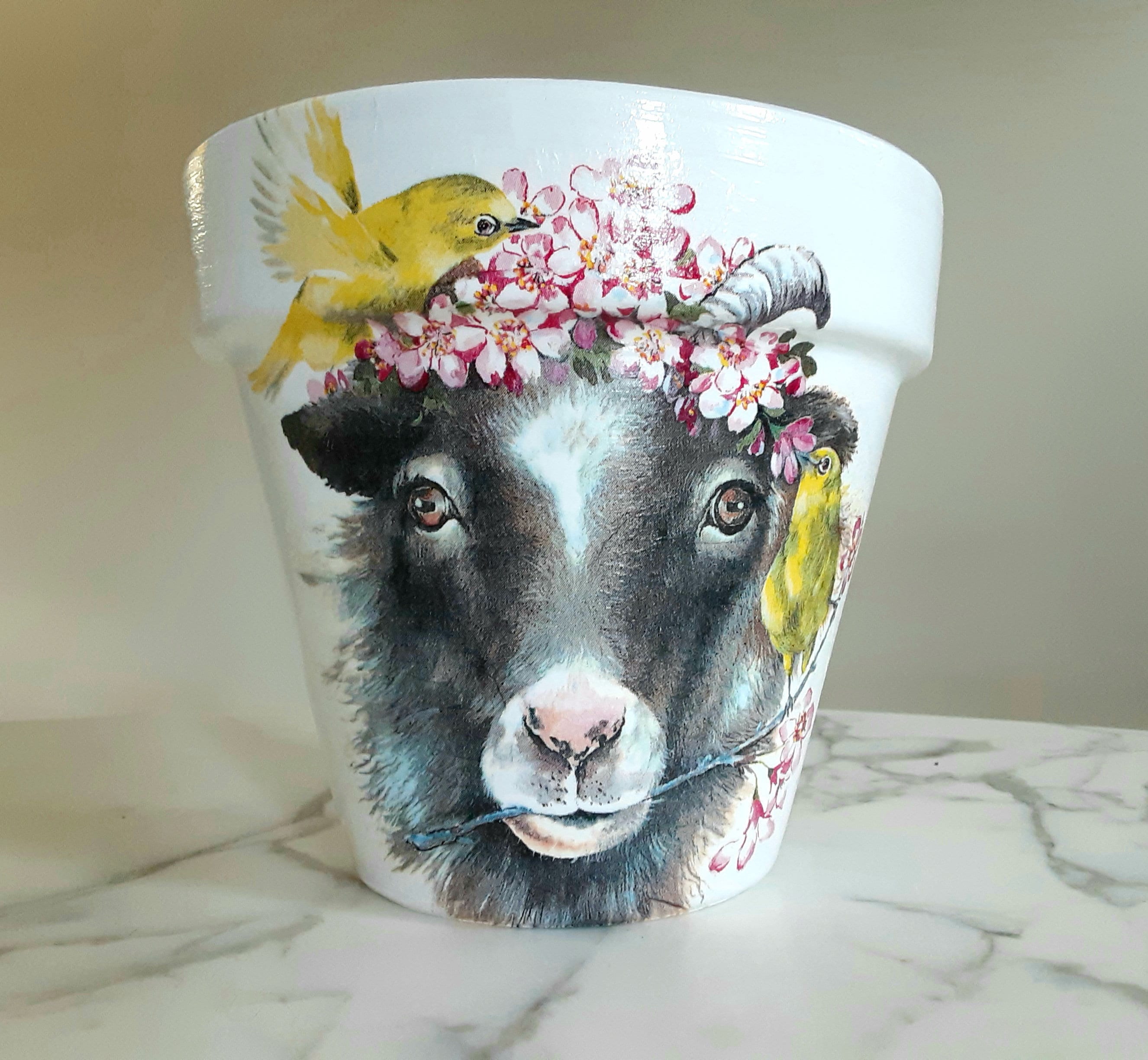 Decoupage Goat Plant Pot: Clay Animal Planter (6-inch), Goat Gifts